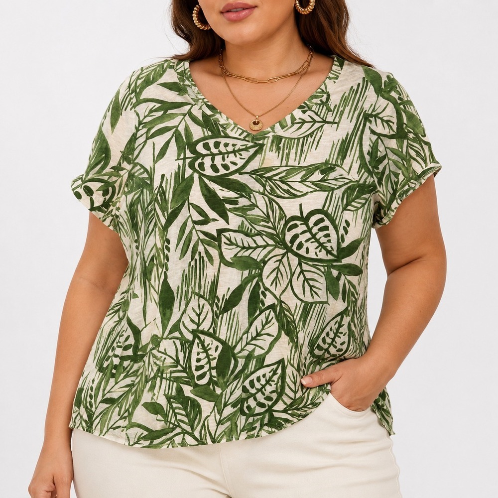 Tahari Pullover Top Women Size 1X Tropical Leaf Print Cap Sleeve 100%Cotton